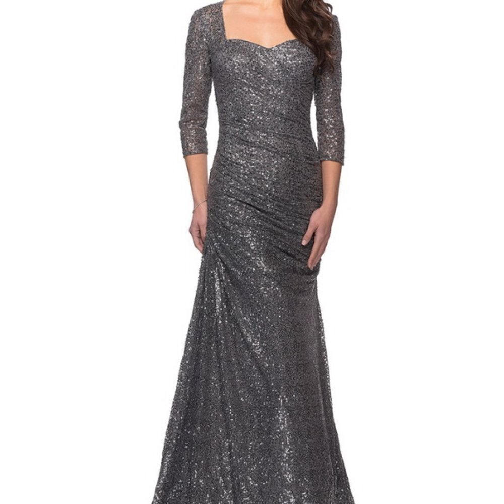 La Femme Gunmetal Gray Ruched Sequin Trumpet Gown